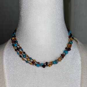 Claire’s Tan Blue Brown Silver Tone Triple Strand Necklace